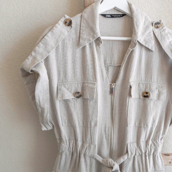 Zara Dress Sz M Khaki Linen Blend Collared Short Sleeve Cargo Pockets Tie Safari - Picture 5 of 7